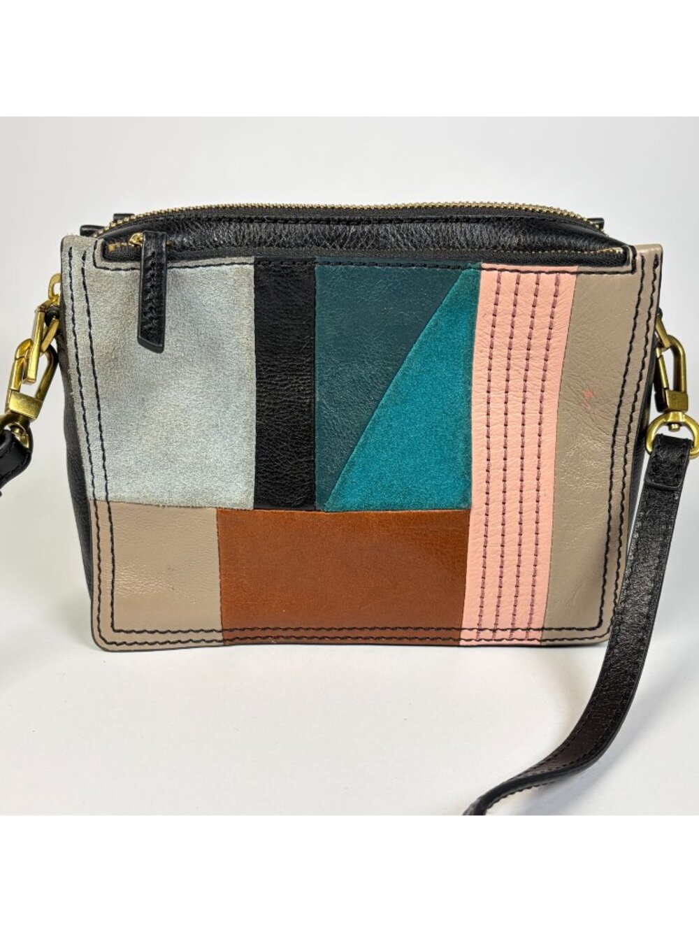Fossil Campbell Geometric Suede Patchwork Leather Crossbody Bag Purse Boho